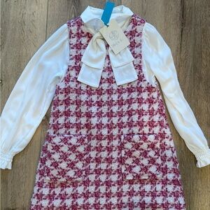 Girls Pink Houndstooth Knit Pinafore Dress with White Bow Blouse